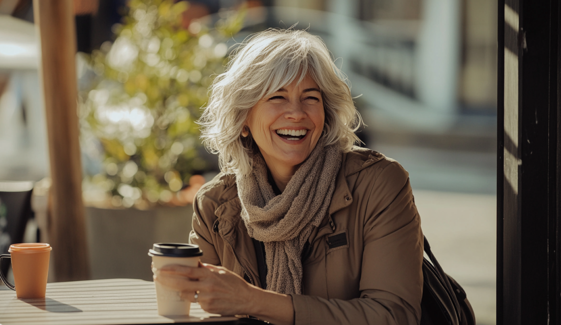 Woman laughing at outdoor café, full of energy — Cell Rituals cellular longevity after 40